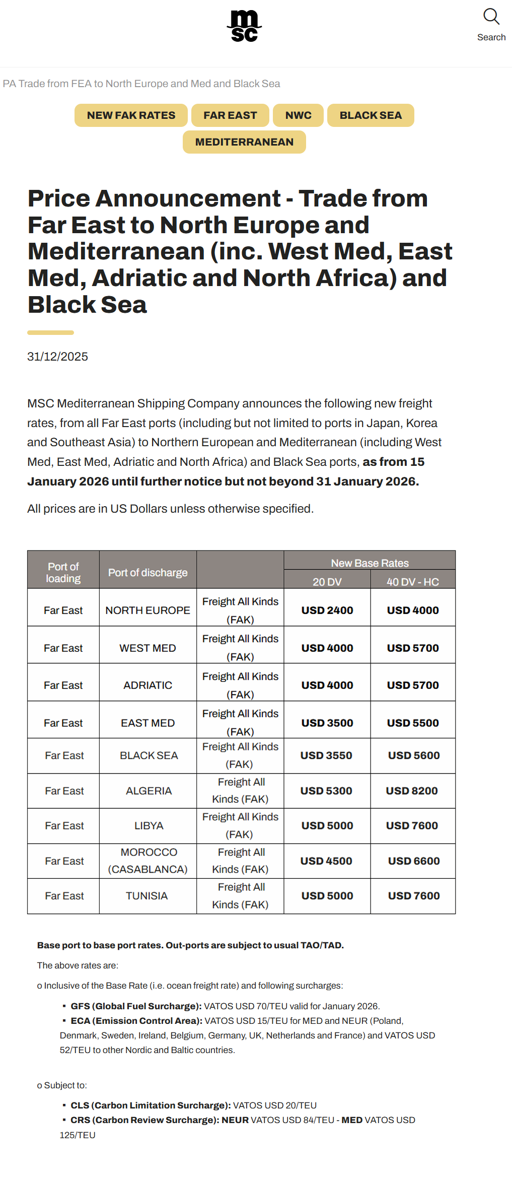 最高8200美元！MSC宣布：1月15日起，這一航線調(diào)價