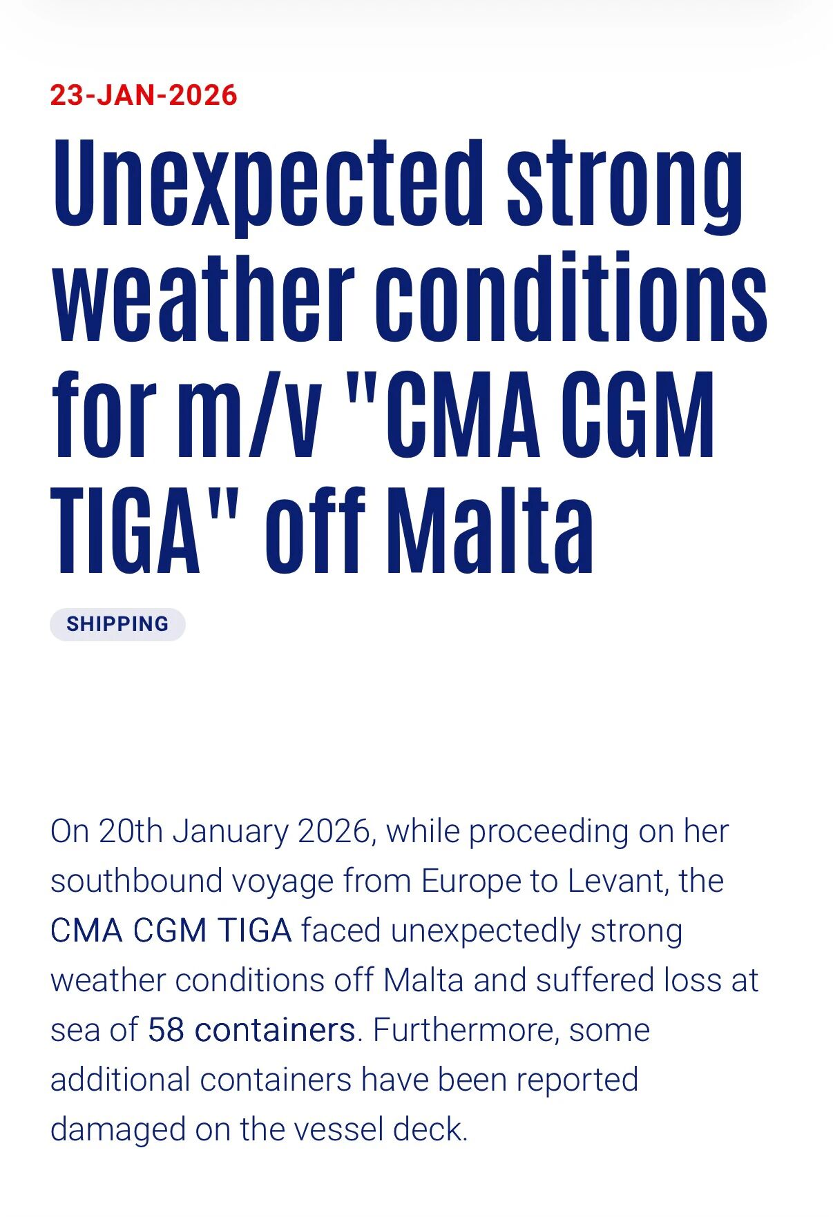 58個(gè)箱子落水！集裝箱船CMA CGM TIGA輪發(fā)生事故！