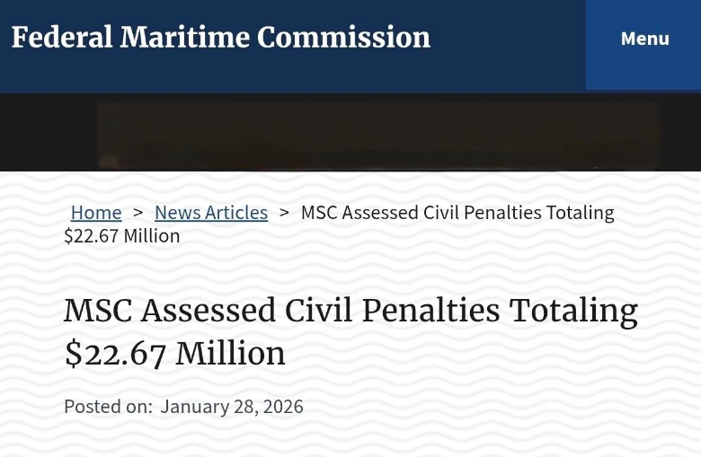 剛剛，地中海航運被罰2267萬美元